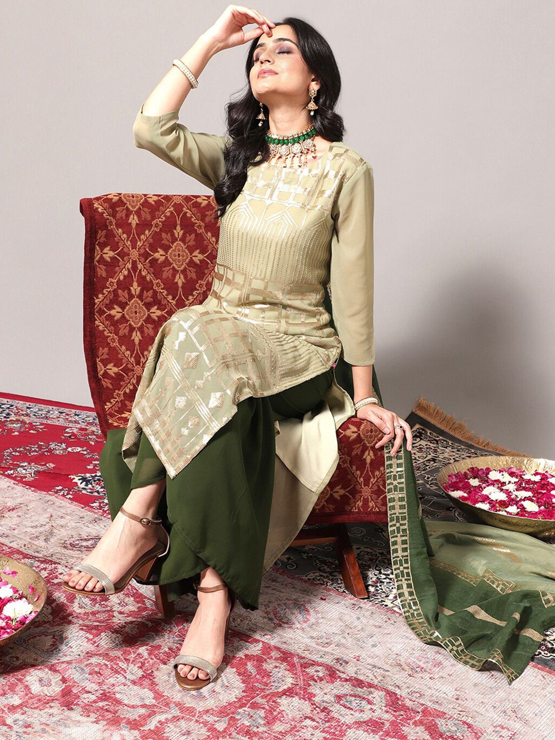 Dhiyona VA Women's Geometric Embroidered Regular Sequinned Kurta With Trousers & Dupatta
