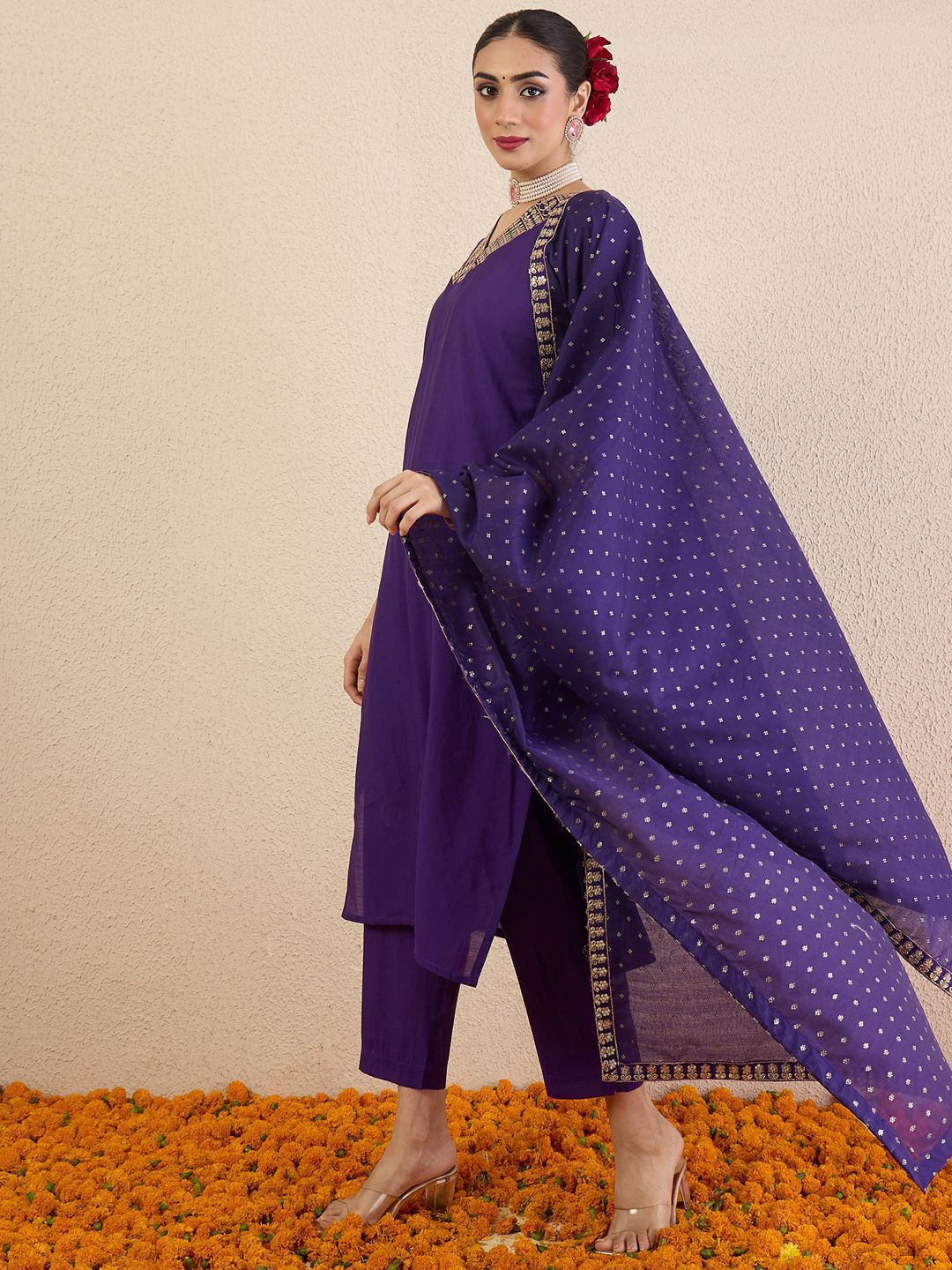 Dhiyona IE Women Solid Embroidered Kurta with Pyjama & Dupatta