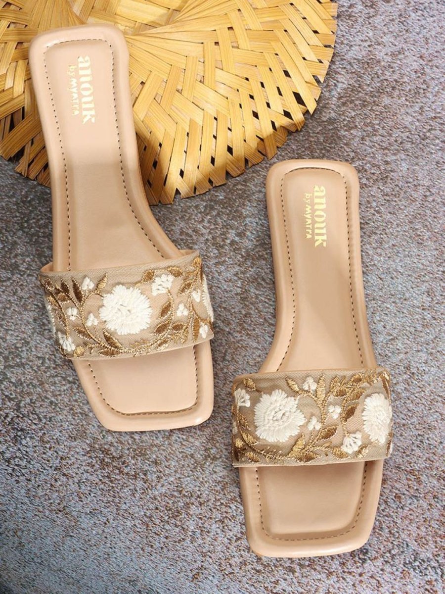 Dhiyona AK Beige Floral Embroidered Open Toe Flats