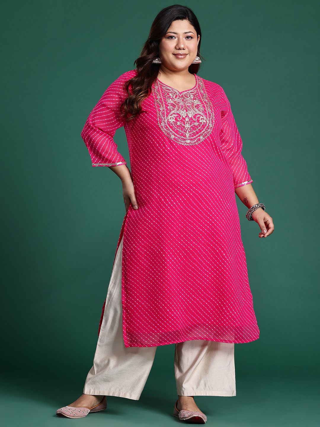 Dhiyona IE Plus Size Ethnic Motifs Embroidered Sequinned Georgette Kurta