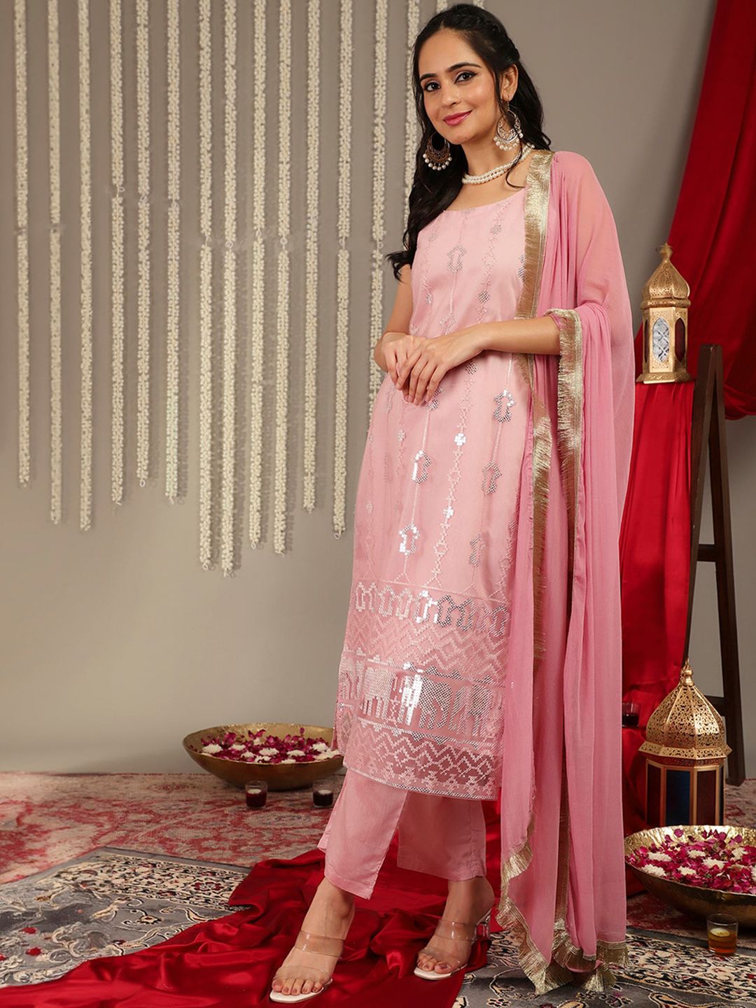 Dhiyona VA Women'sEthnic Motifs Embellished Regular Kurta with Trousers & With Dupatta