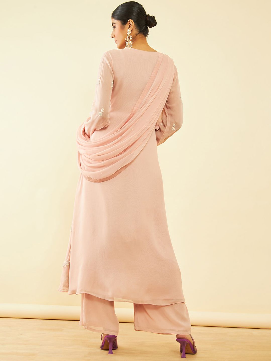 Dhiyona SO Women's Alina Cut Floral Embroidered Beads and Stones Kurta & Palazzos With Dupatta