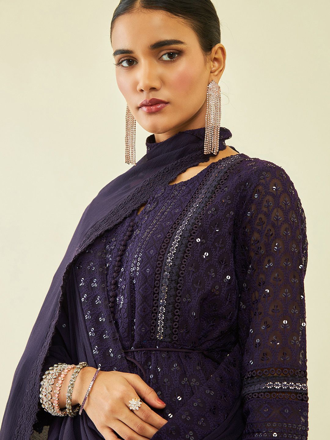 Dhiyona SO Women's Ethnic Motifs Embroidered Pleated Sequinned A-Line Kurta With Palazzos & Dupatta