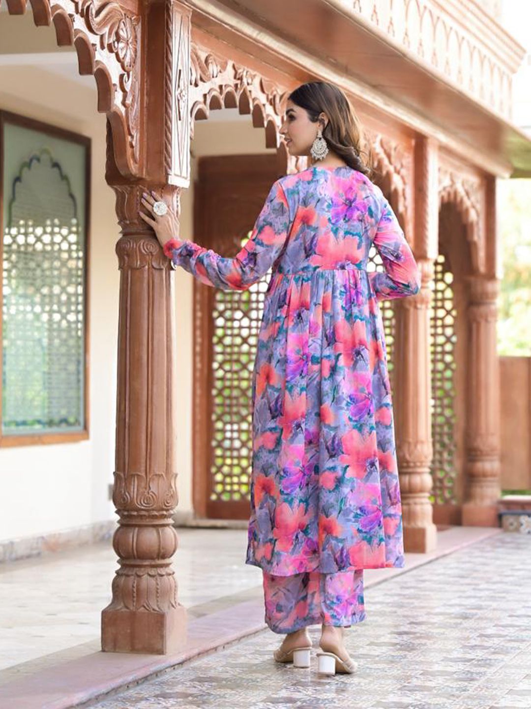Dhiyona VA Women'sFloral Printed Mirror Embroidered Alia-Cut Gather Detail A-Line Kurta With Dupatta
