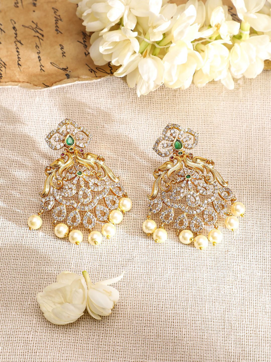 Dhiyona RJ Women's 22K Gold-Plated Emerald & Cubic Zirconia Studded Necklace Set with Pearl Accents