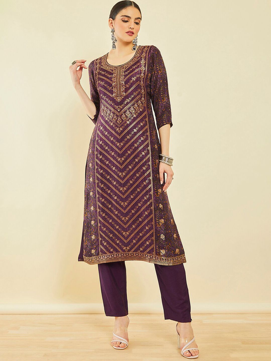 Dhiyona SO Women's Ethnic Motifs Printed Beads and Stones Thread Work Kurta with Trousers & Dupatta