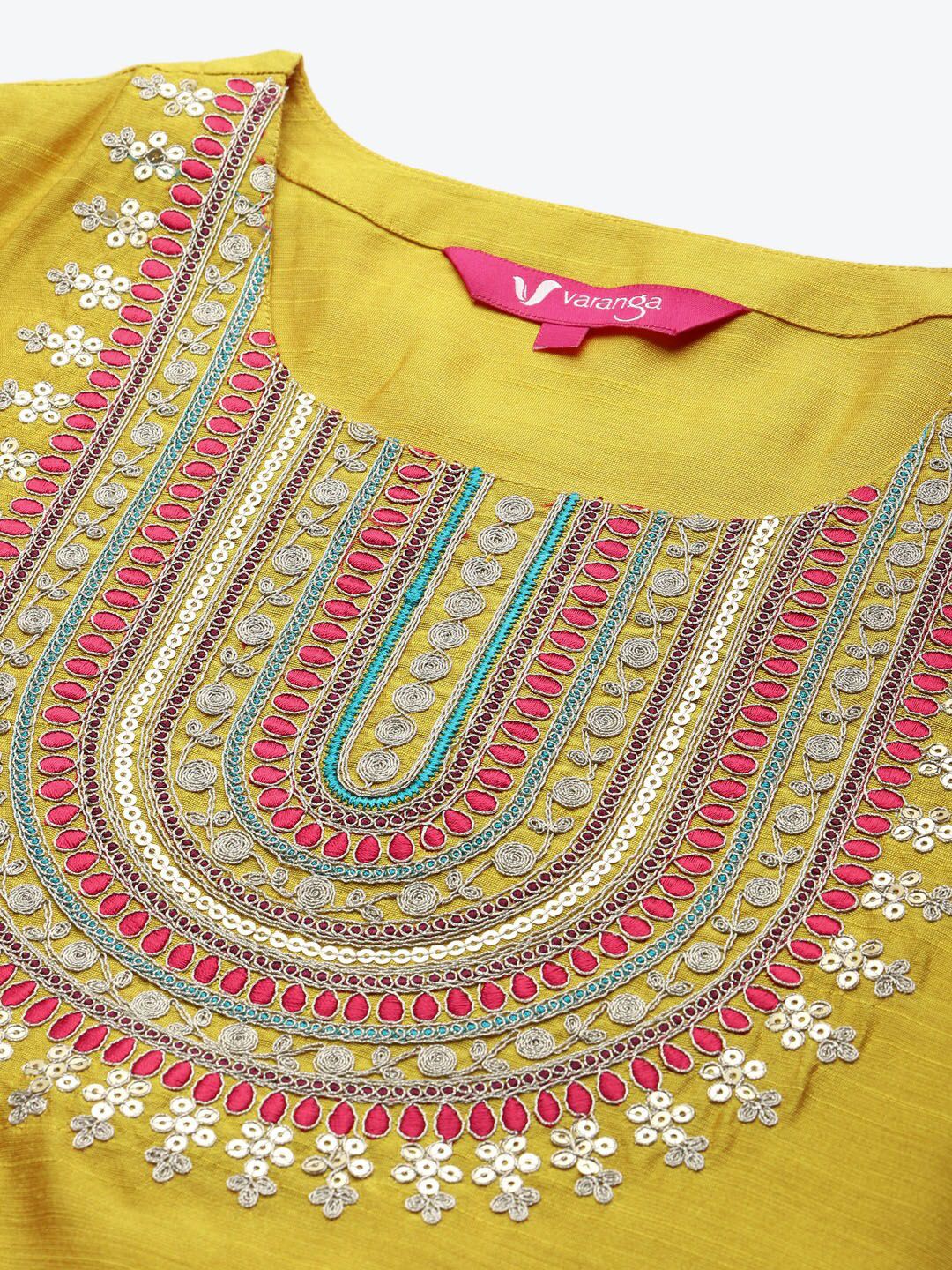 Dhiyona VA Women's Mustard Yellow Embroidered Sequinned Kurta Set with Dupatta