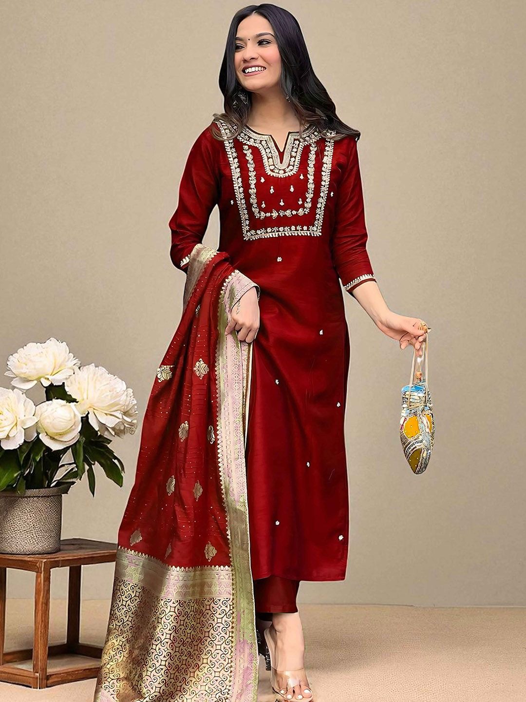 Dhiyona SN Women's Floral Embroidered Cotton Kurta with Trousers & Dupatta