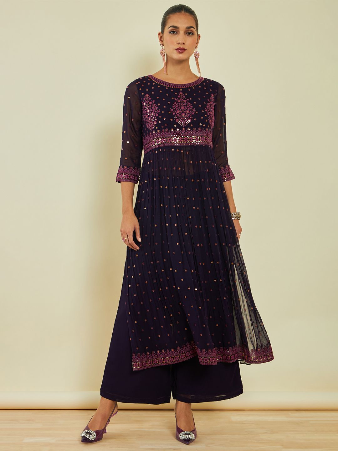 Dhiyona SO Women's Ethnic Motifs Embroidered Sequined Kurta with Palazzos & Dupatta