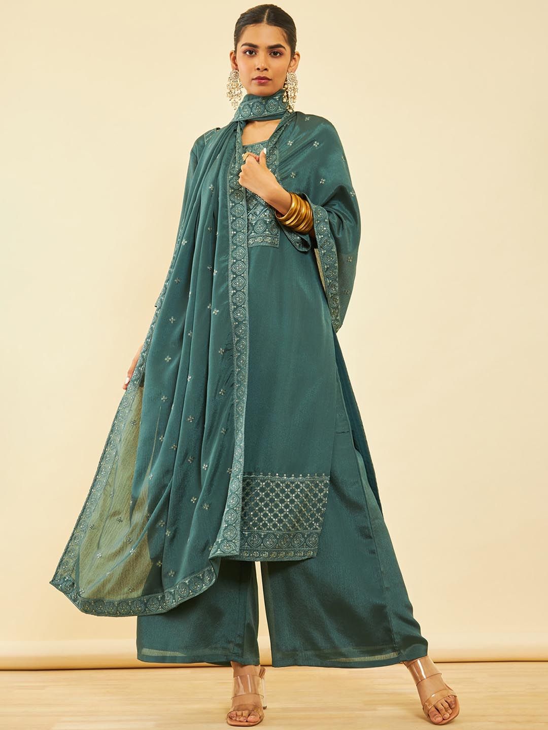 Dhiyona SO Women's Ethnic Motifs Yoke Design Regular Sequinned Kurta with Palazzos & Dupatta