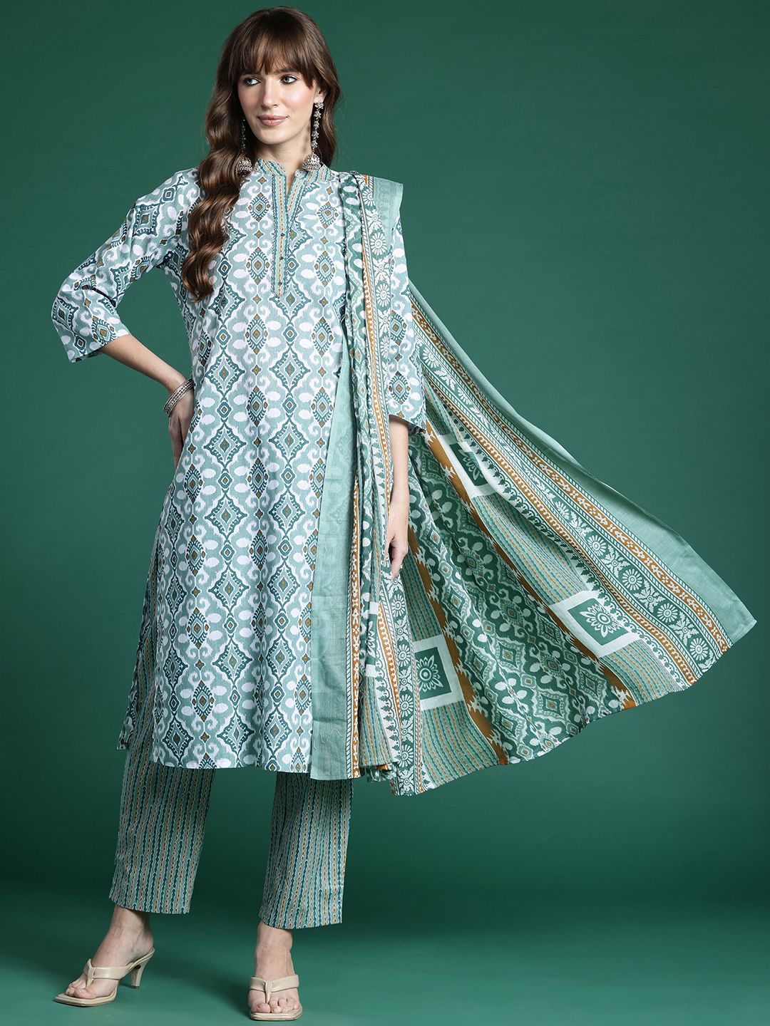 Dhiyona IE Geometric Printed Regular Pure Cotton Kurta with Trousers & Dupatta