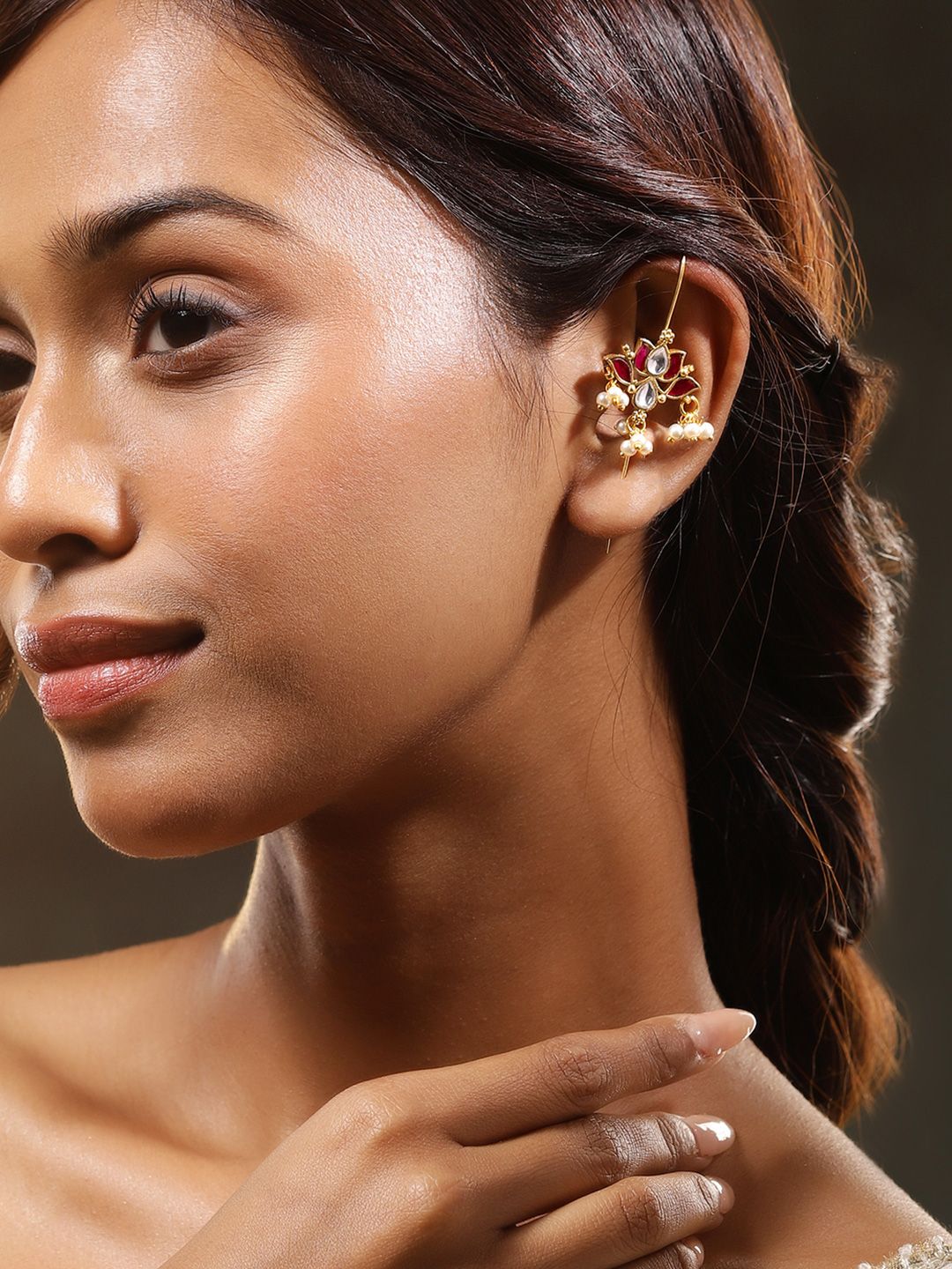 Dhiyona RJ Women's 22K Gold-Plated Ruby Pink & White Kundan Lotus Design Ear Cuff with Pearl Beads