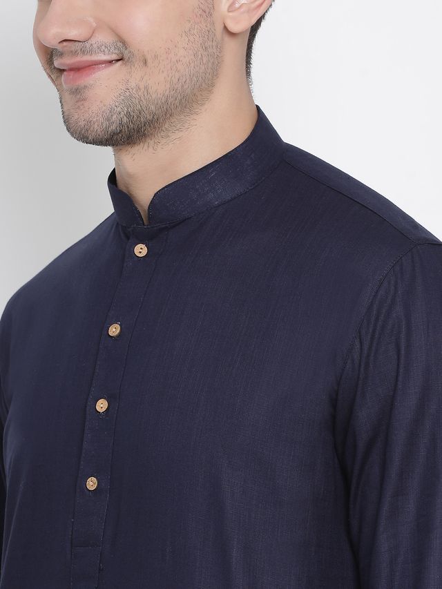 Men's Navy Blue Cotton Linen Straight Kurta Pyjama Set