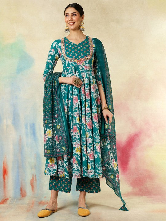 Women's Floral Printed Pure Cotton Anarkali Kurta With Palazzos And Dupatta
