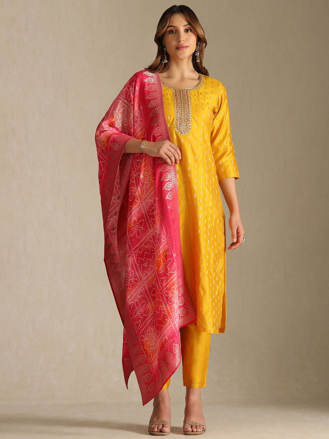 Dhiyona SO Women's Floral Woven Design Zardozi Kurta With Trousers & Dupatta