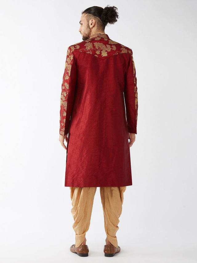 Men's Maroon Silk Blend Regular Sherwani Set