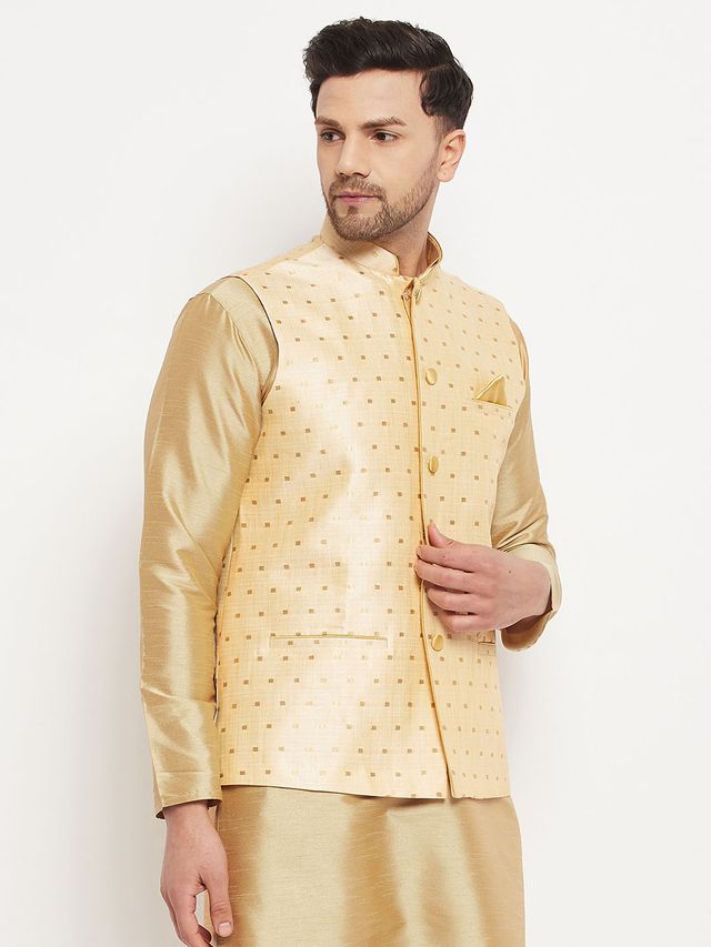 Men's Rose Gold Silk Blend Straight Jacket Kurta and Dhoti Set