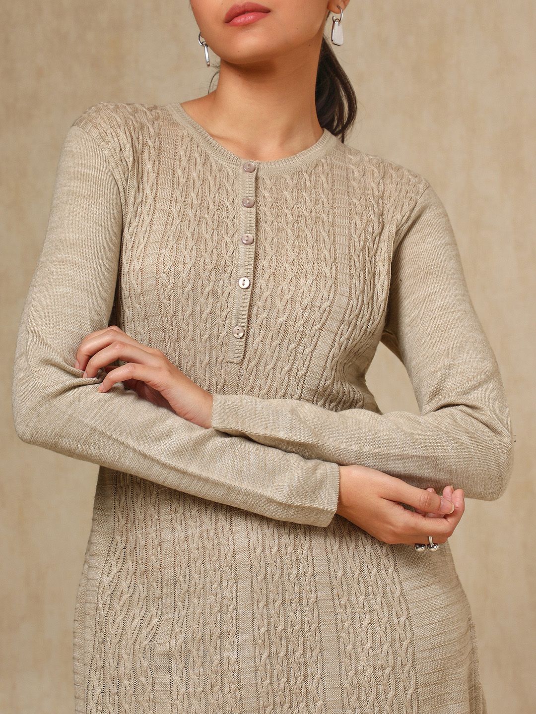 Dhiyona SO Women's Beige Geometric Woven Design Acrylic Straight Kurta With Trouser