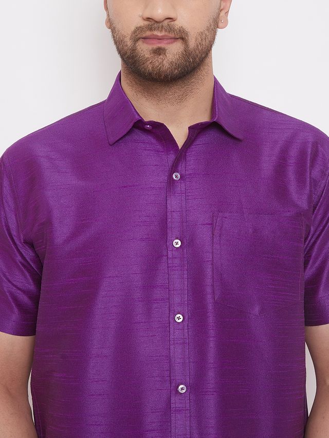 Men's Purple Silk Blend Straight Shirt And Mundu