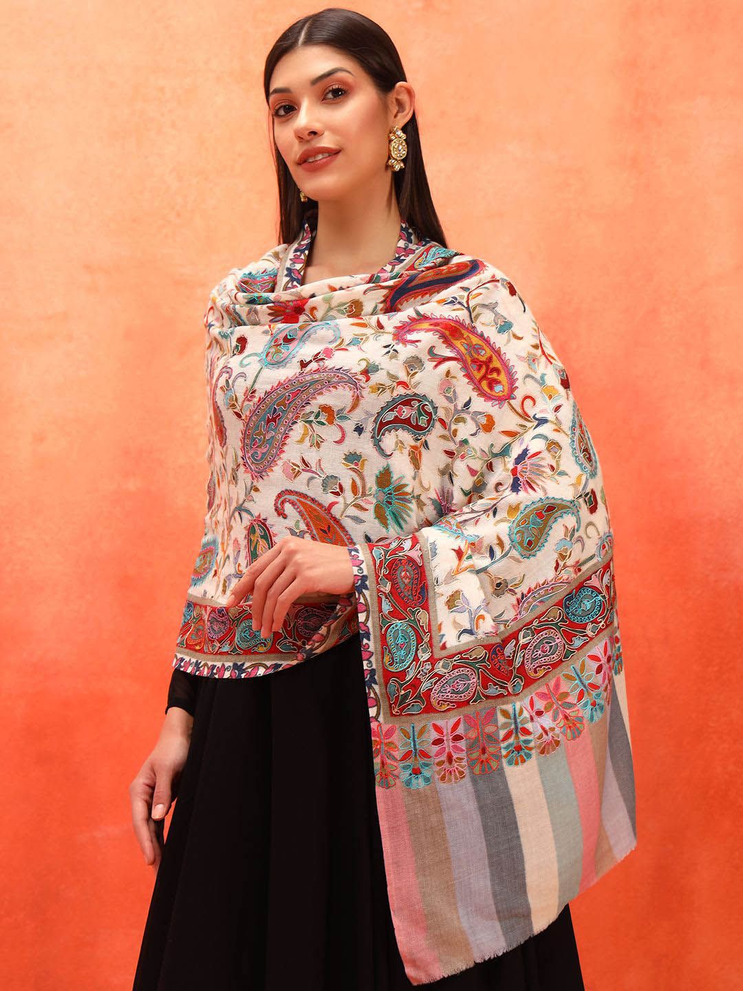 Dhiyona PA Naqqashi Pure Wool Kalamkari Paisley Embroidered Shawl
