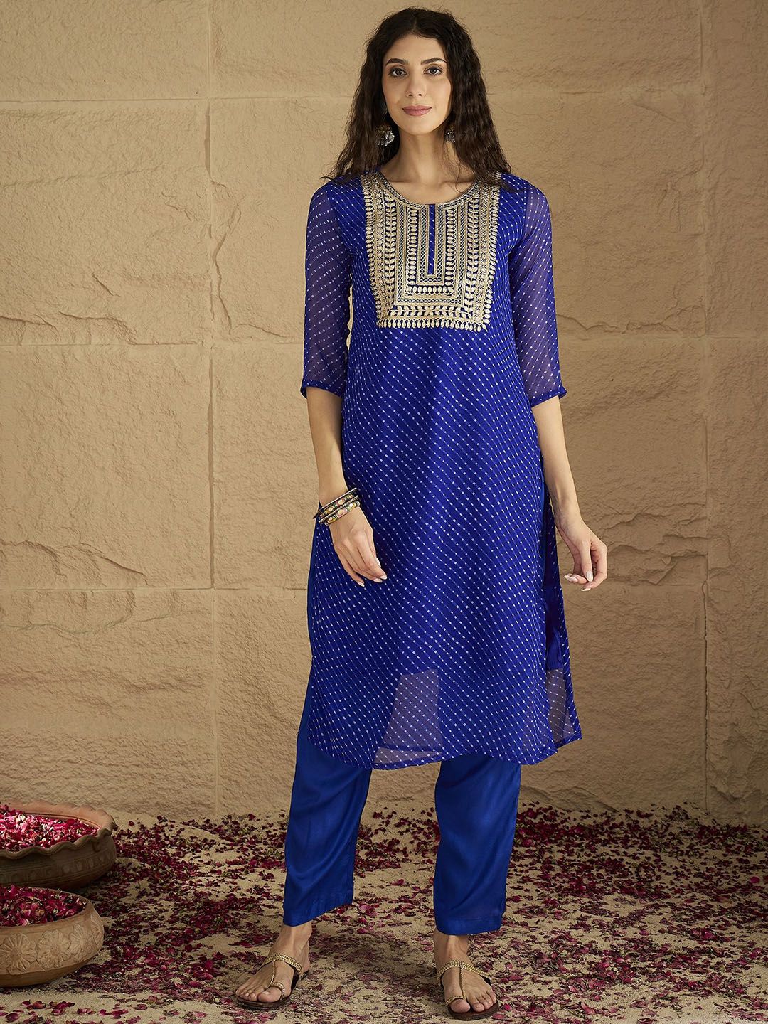 Dhiyona VA Women'sBandhani Printed Silk Georgette Round Neck Straight Kurta With Trousers & Dupatta