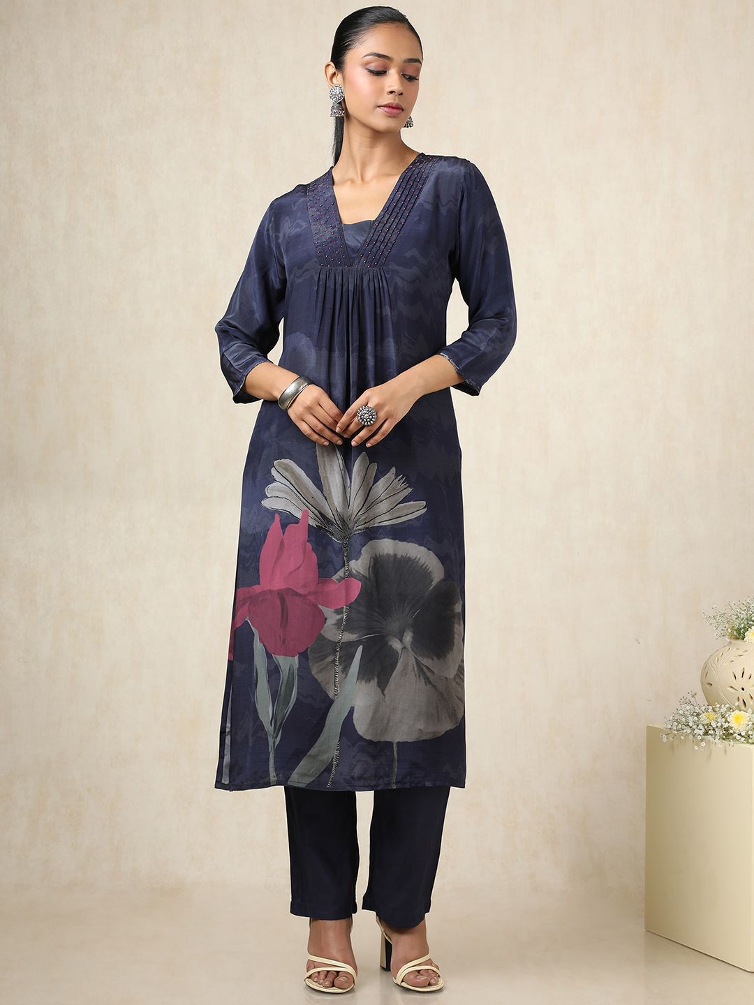 Dhiyona SO Women's Floral Printed Square Neck Beads and Stones Silk Empire Kurta With Trousers & Dupatta