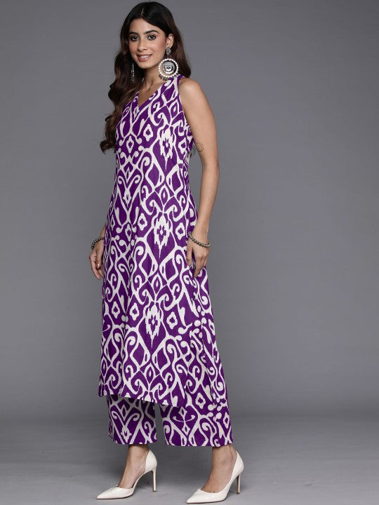 Dhiyona VR Women's Purple Ikat Printed Straight Kurta With Palazzo