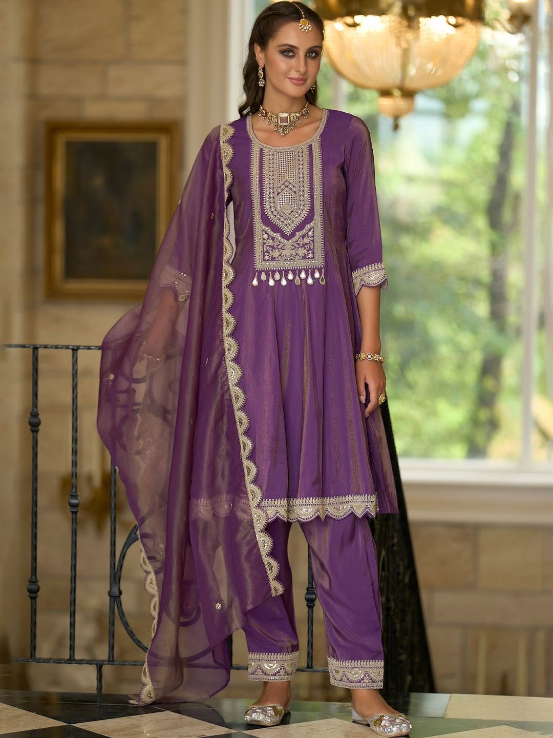 Ethnic Motifs Embroidered A-Line Sequinned Kurta With Trousers & Dupatta