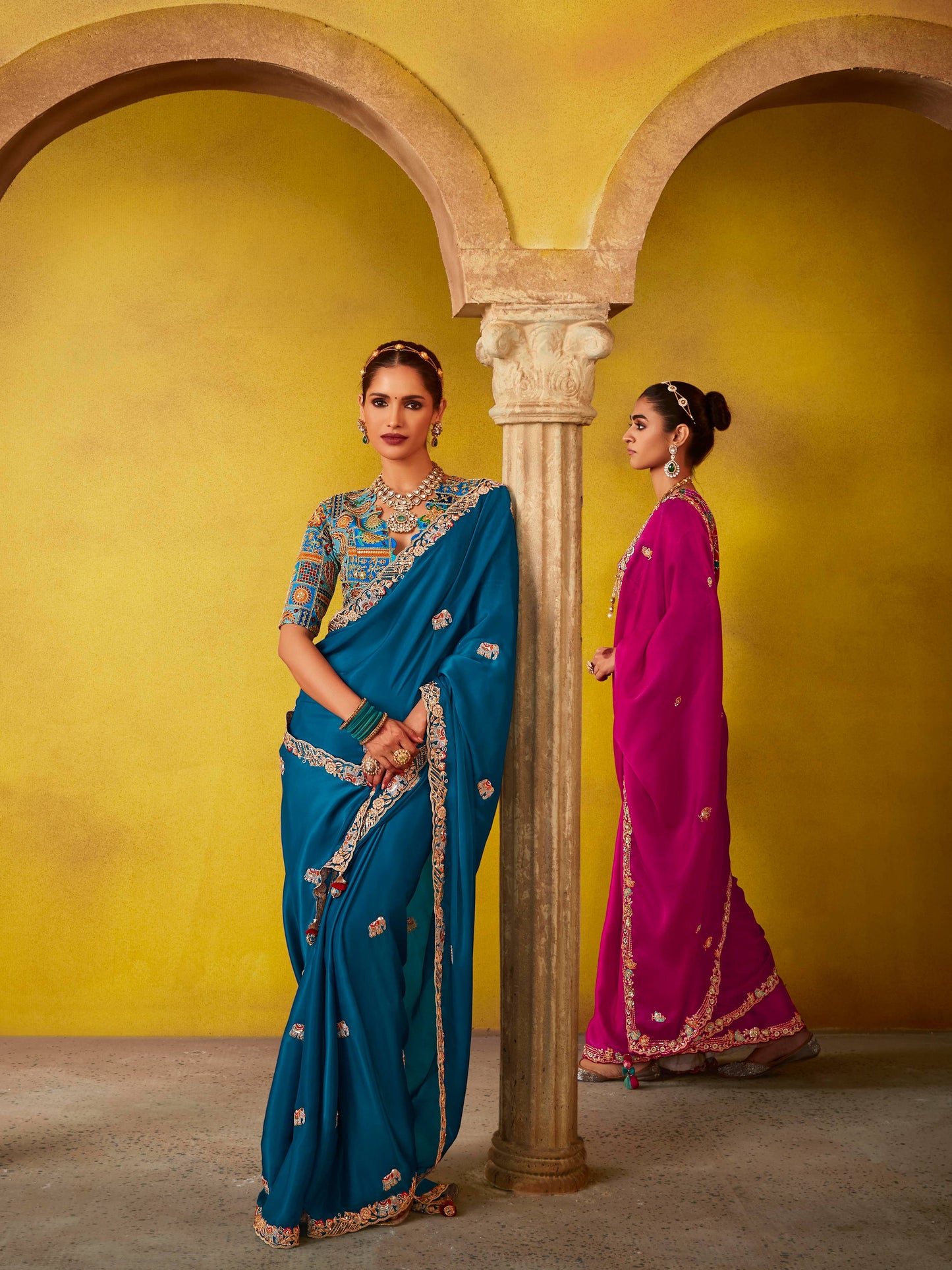 Dhiyona KM Women Regal Blue Saree With Intricately Embroidered Blouse