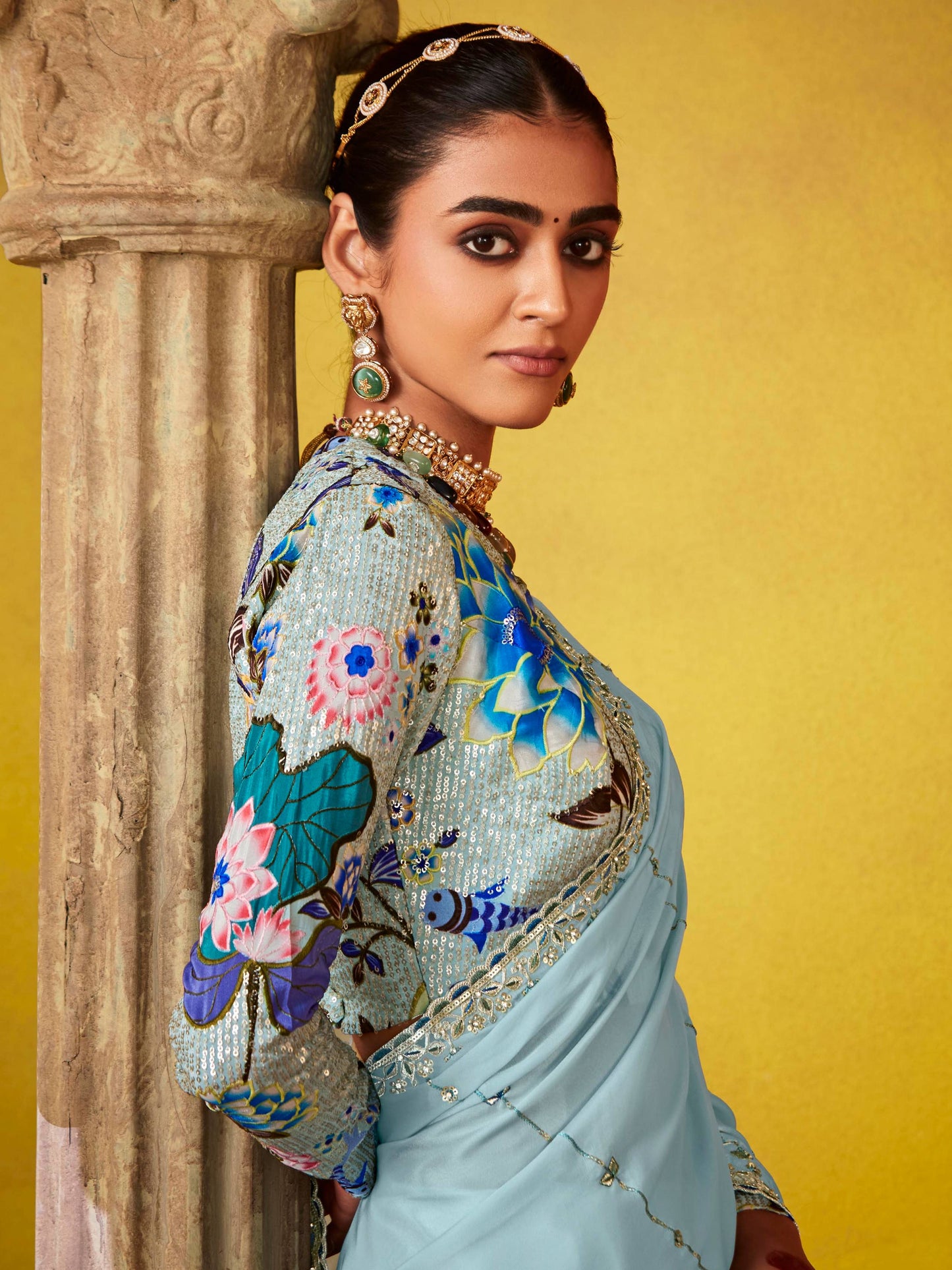 Dhiyona KM Women Ethereal Elegance: Blue Silk Saree With Embroidered Blouse