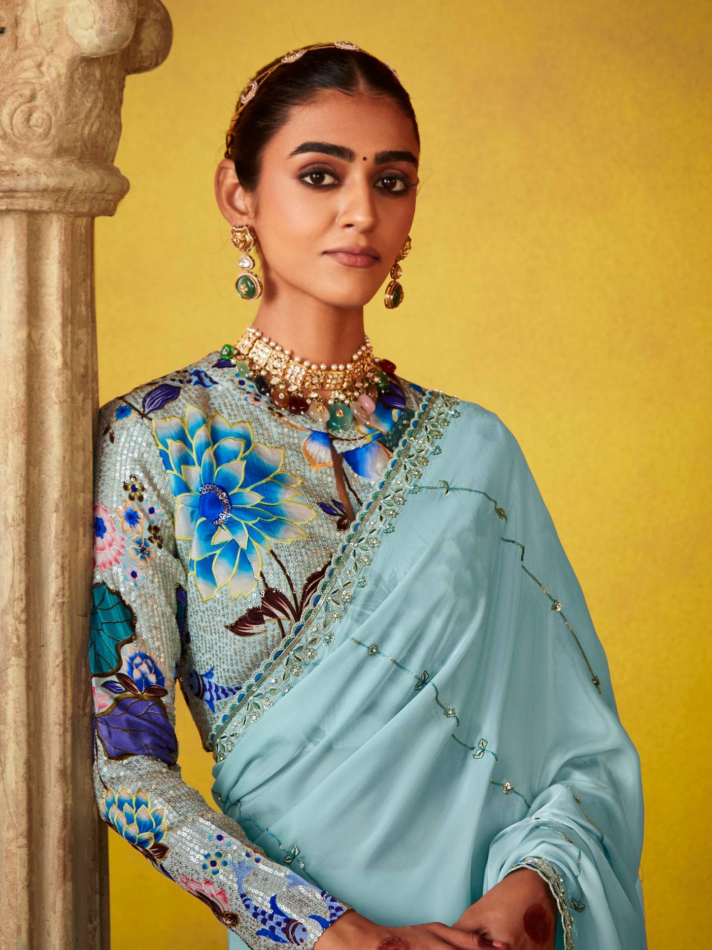 Dhiyona KM Women Ethereal Elegance: Blue Silk Saree With Embroidered Blouse