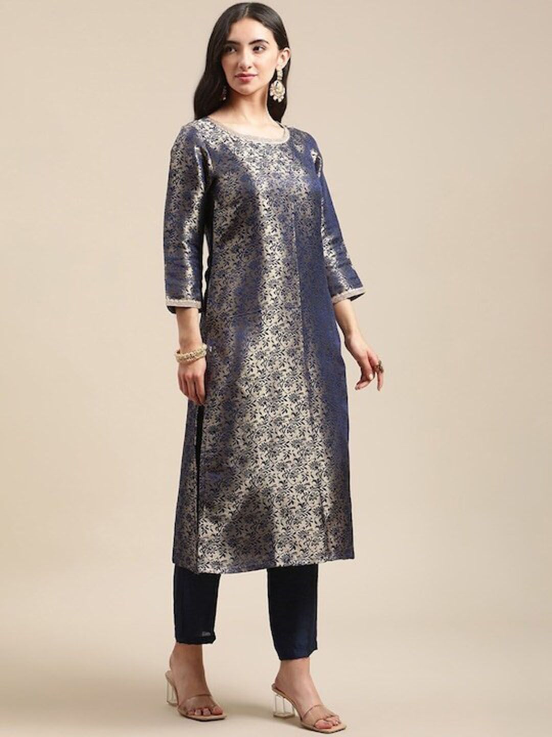 Dhiyona VA Women's Blue & Gold Floral Brocade Gotta Patti Straight Winter Kurta with Trousers