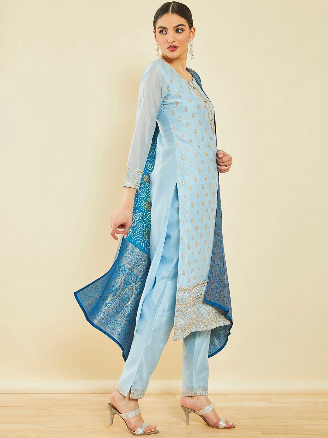 Dhiyona SO Women's Ethnic Motifs Embroidered Sequinned Chanderi Silk Kurta With Trousers & Dupatta