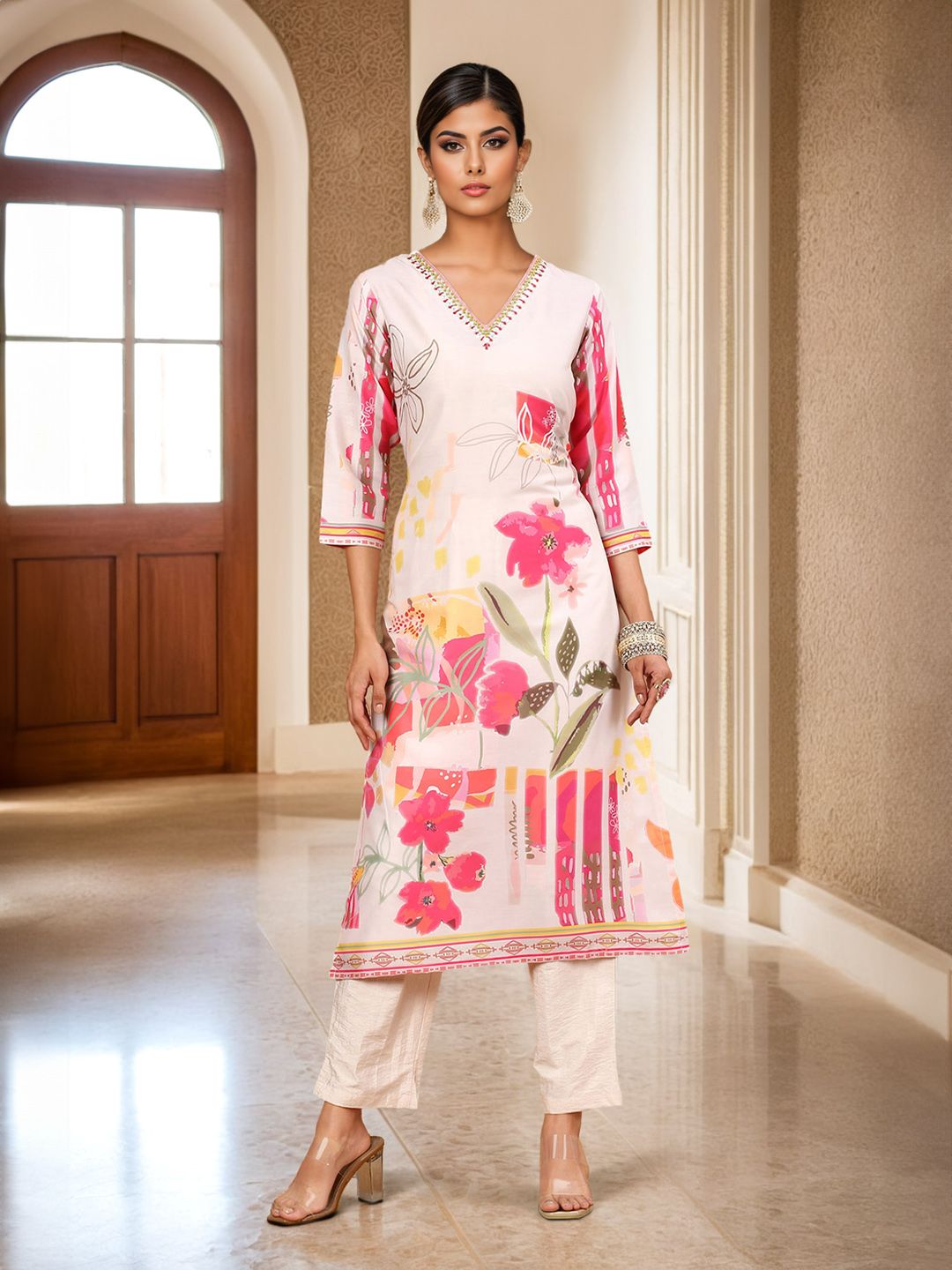 Dhiyona SO Women's Floral Printed Regular Thread Work Kurta with Trouser