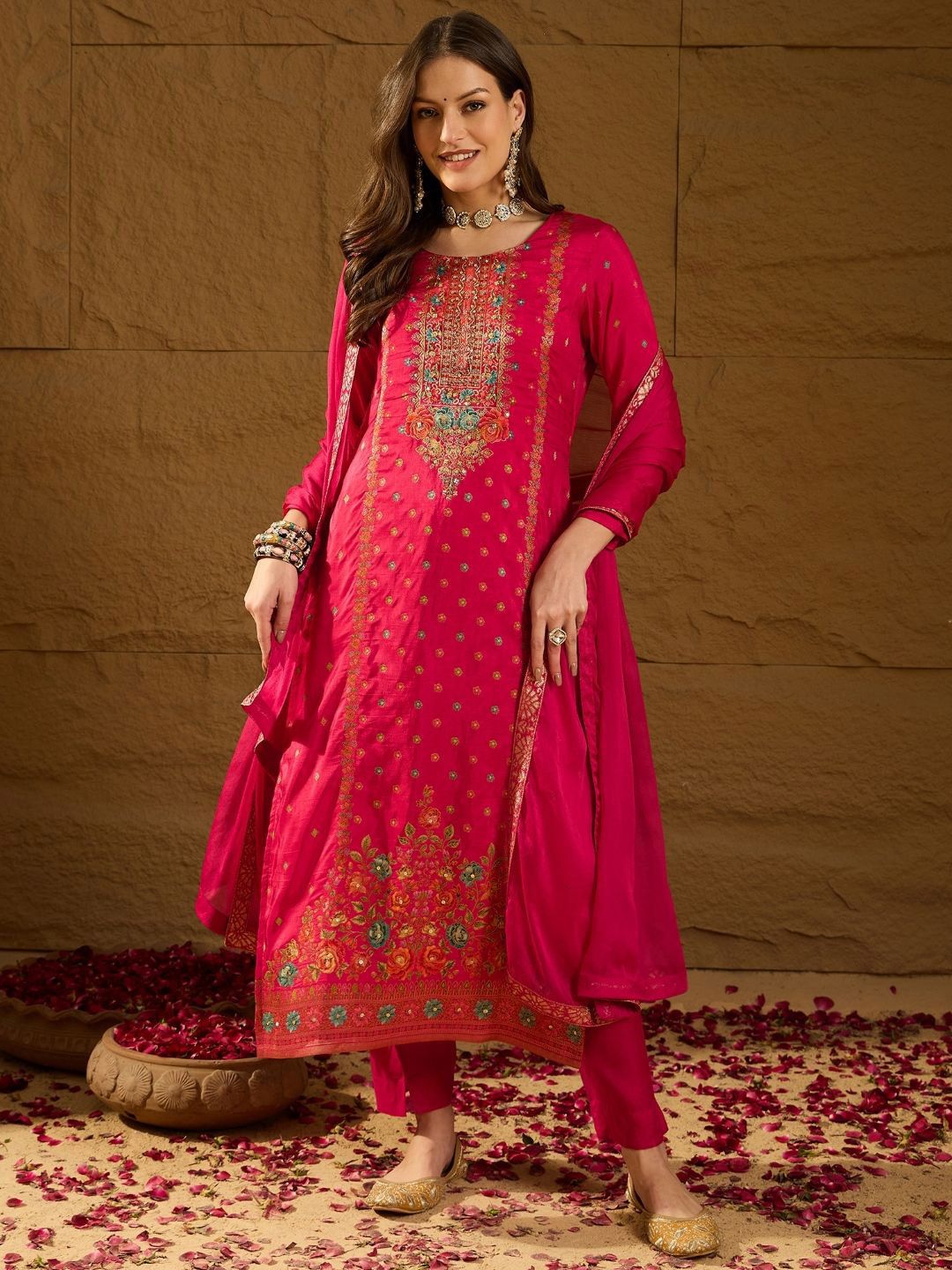 Dhiyona PD Women Floral Woven Design Kurta With Trouser And Dupatta Set