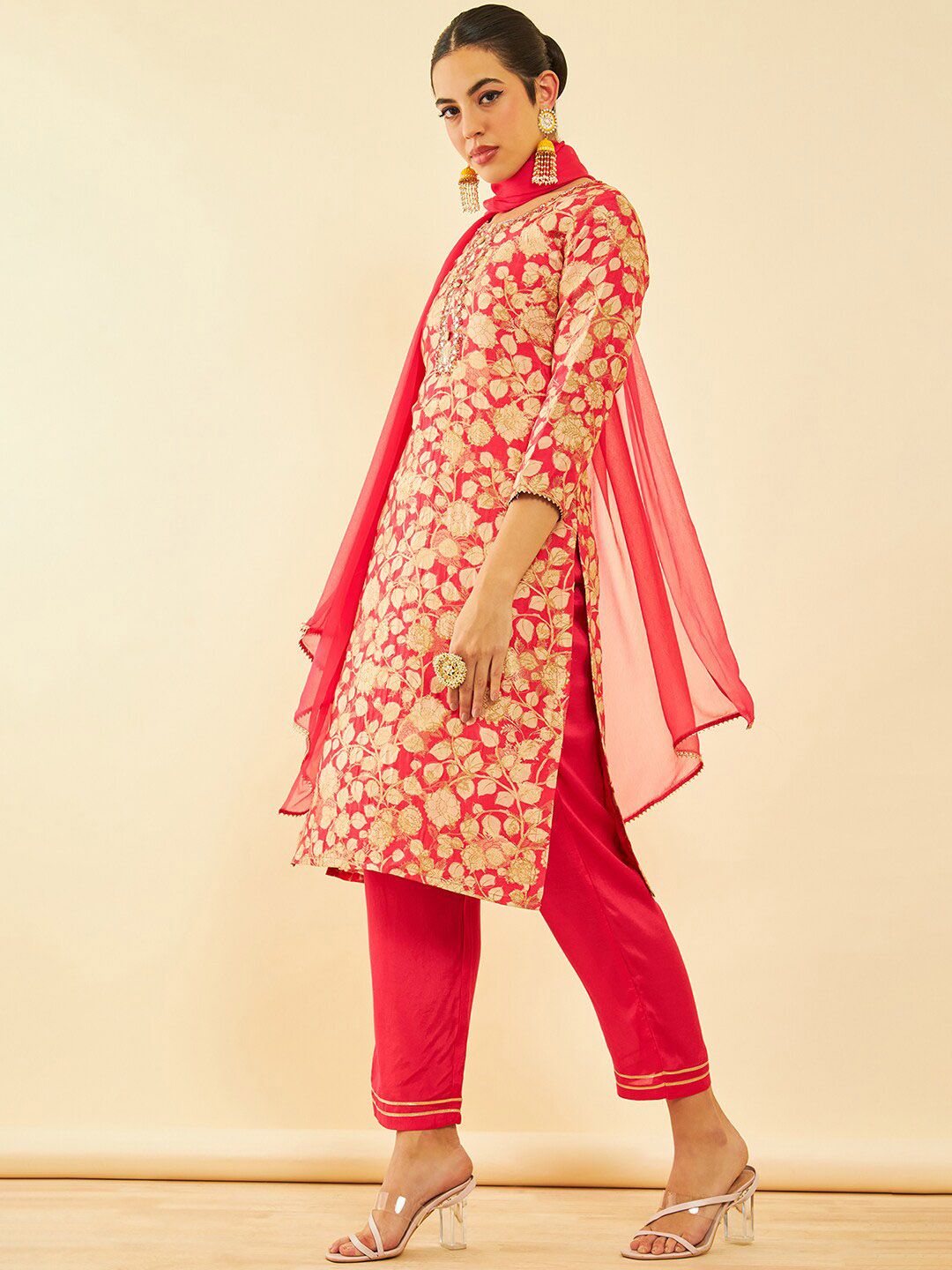 Dhiyona SO Women's Floral Printed Regular Mirror Work Kurta with Trousers & Dupatta