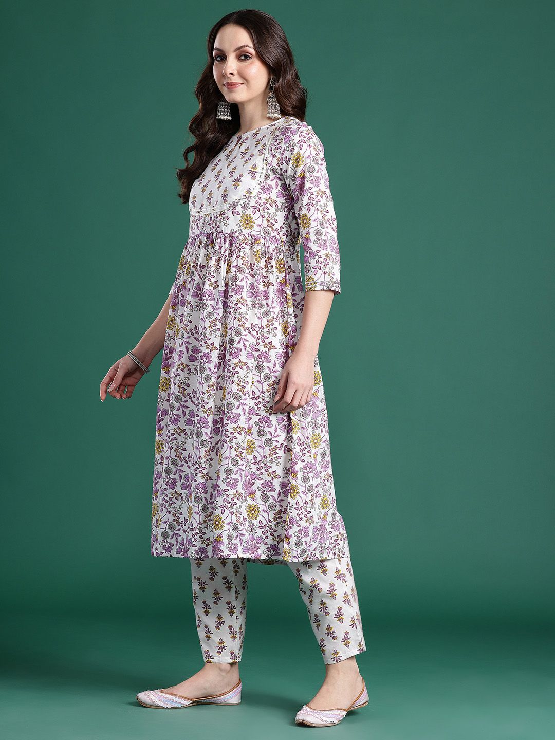 Dhiyona IE Floral Printed Pleated Pure Cotton Kurta with Trousers & Dupatta