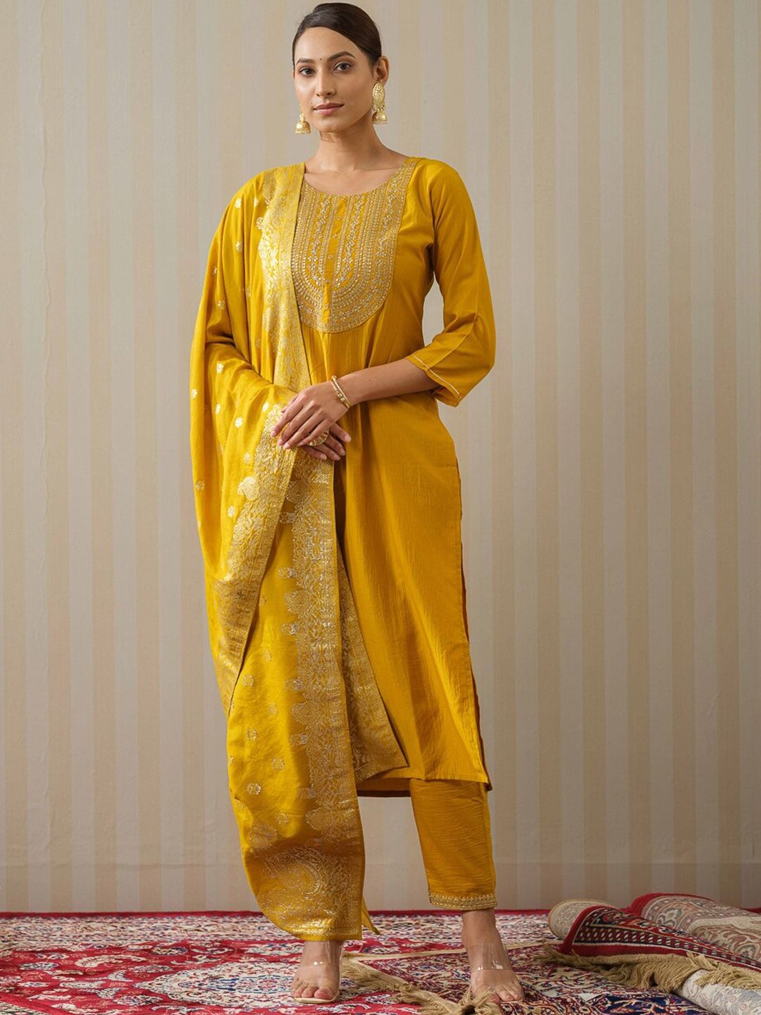 Dhiyona OD Yellow Ethnic Motifs Straight Kurta & Trousers With Dupatta