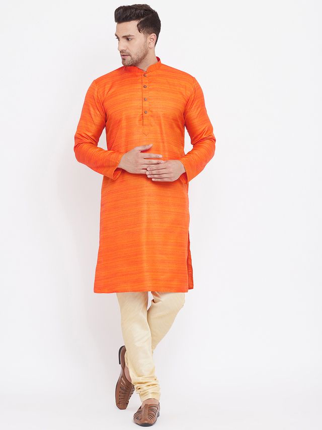Men's Orange Silk Blend Straight Kurta Pyjama Set
