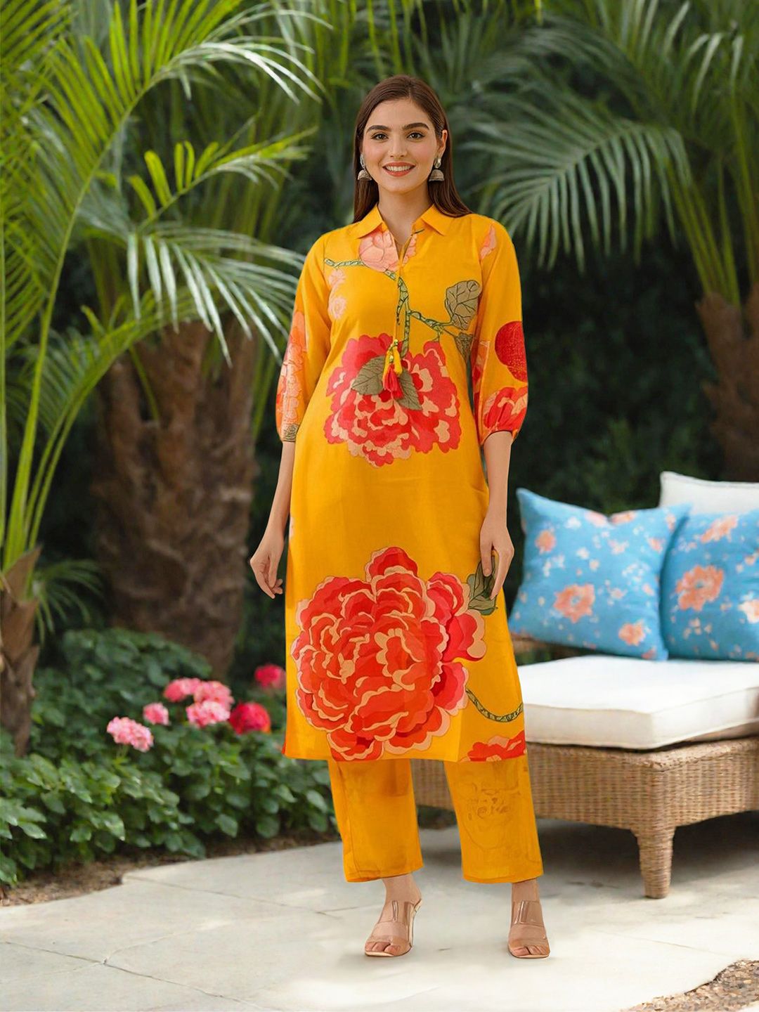 Dhiyona IS Women's Floral Printed Regular Cotton Kurta with Palazzos