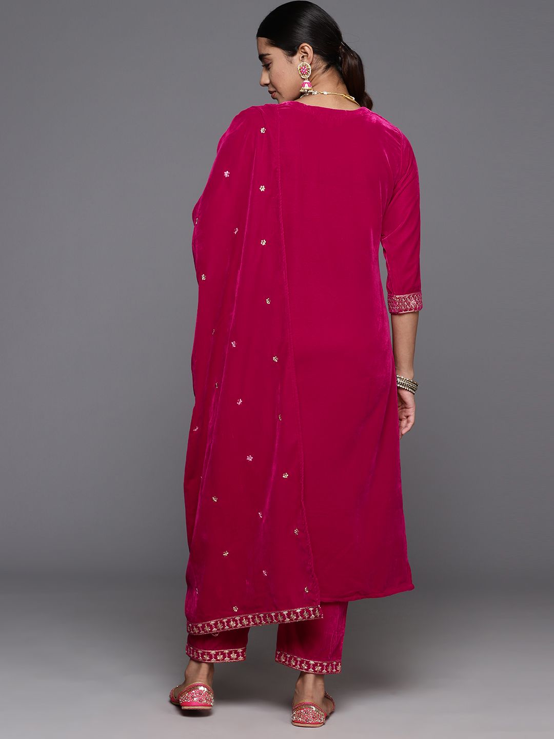 Dhiyona VA Women'sFloral Zari Embroidered Velvet Kurta with Trouser & Velvet Dupatta