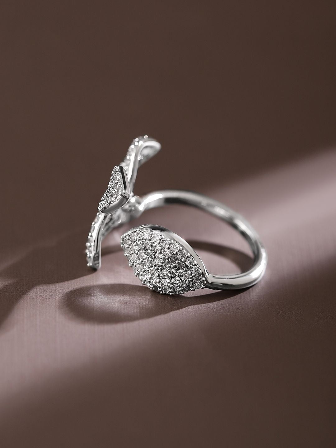 Dhiyona RJ Women's Rhodium Plated Cubic Zirconia Studded Floral Openable Adjustable Statement Ring