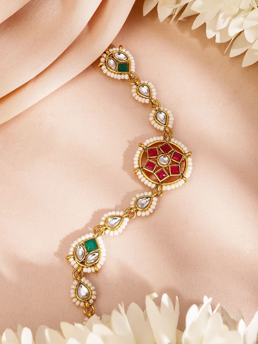 Dhiyona RJ Women's 18K Gold-Plated Red, Green & White Kundan & Pearl Beaded Matha Patti Head Jewellery