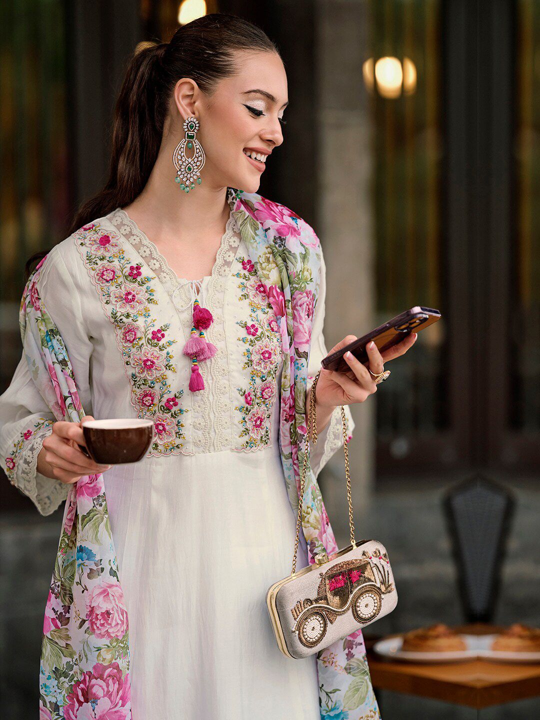 Dhiyona IE Floral Embroidered Thread Work A-Line Kurta With Trousers & Dupatta