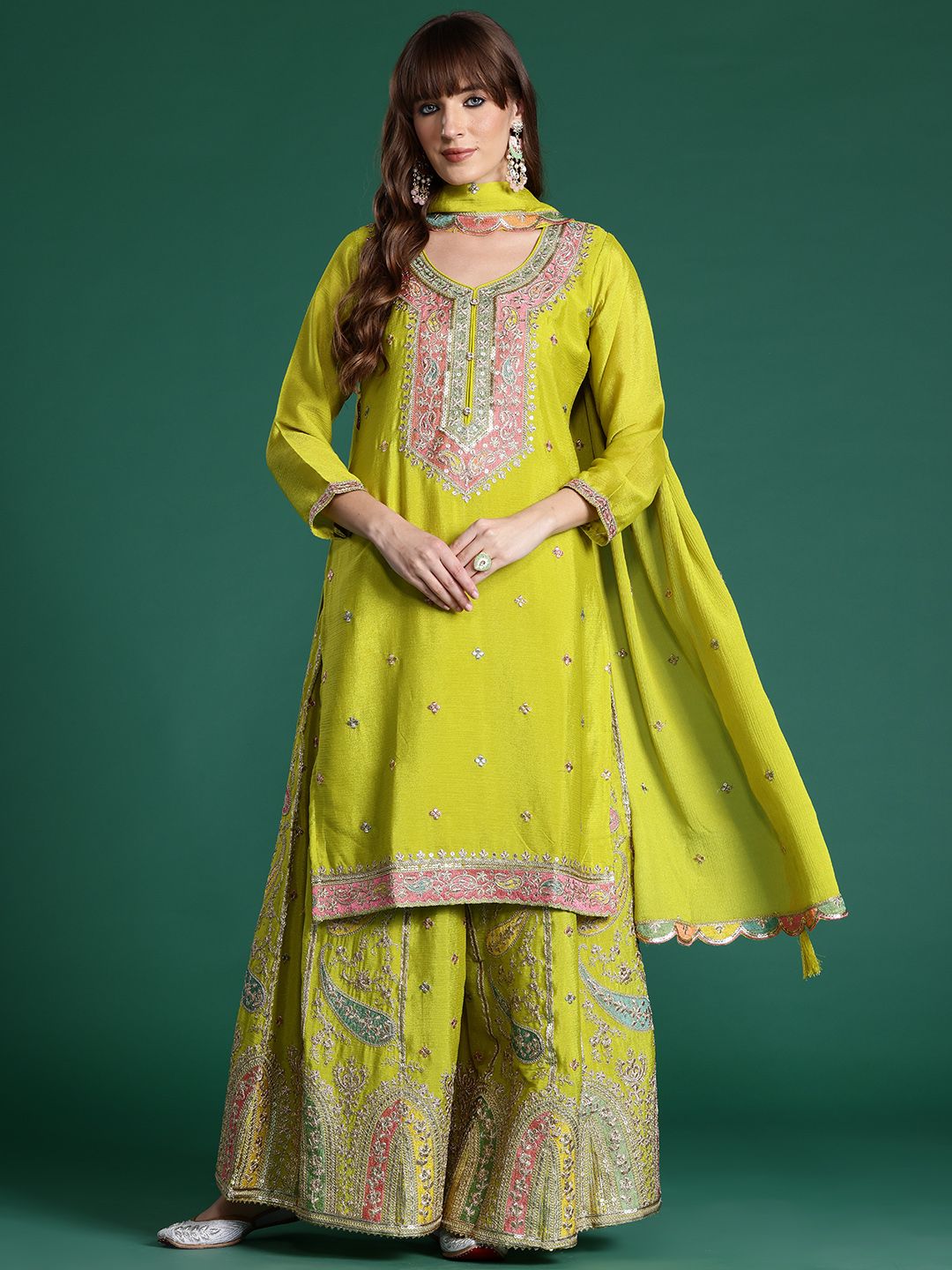 Paisley Embroidered Sequinned Kurta with Palazzos & With Dupatta