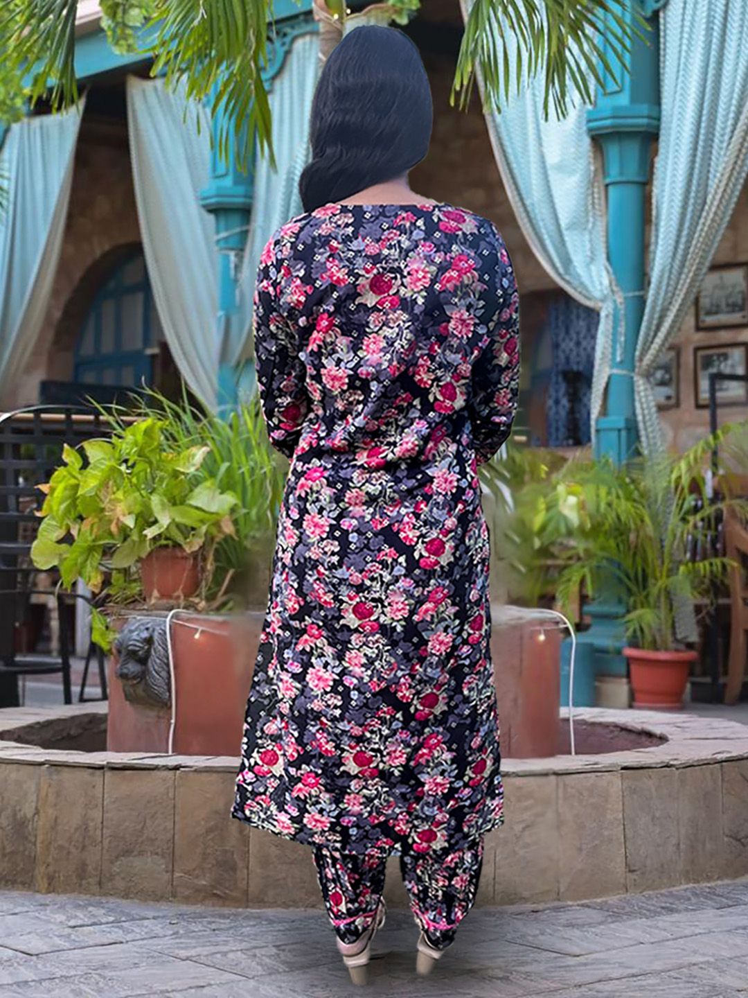 Dhiyona VA Women'sFloral Embellished Kurta Paired With Afghani Trouser & Dupatta