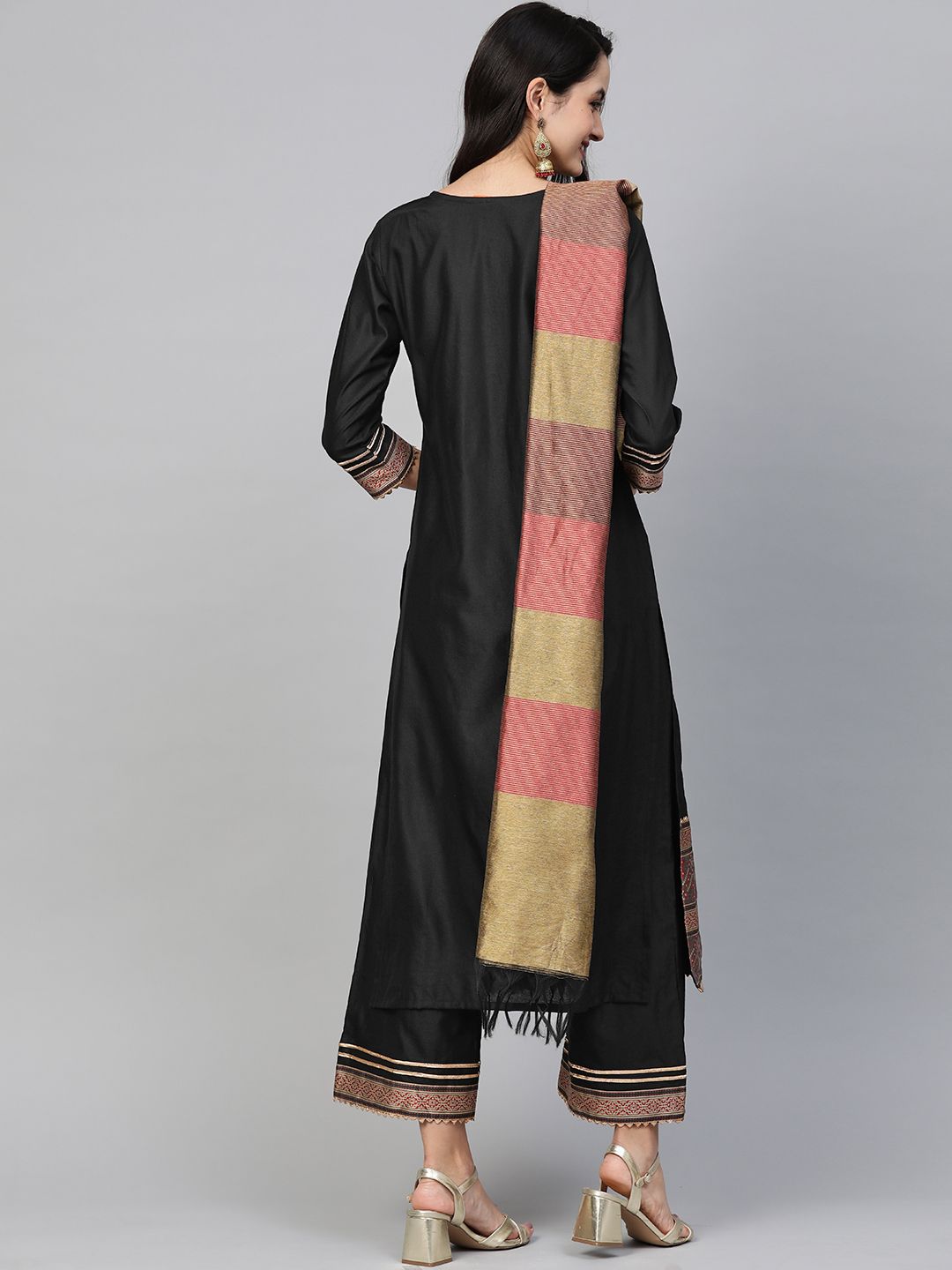 Dhiyona IE Women Black & Golden Solid Kurta with Palazzos & Dupatta