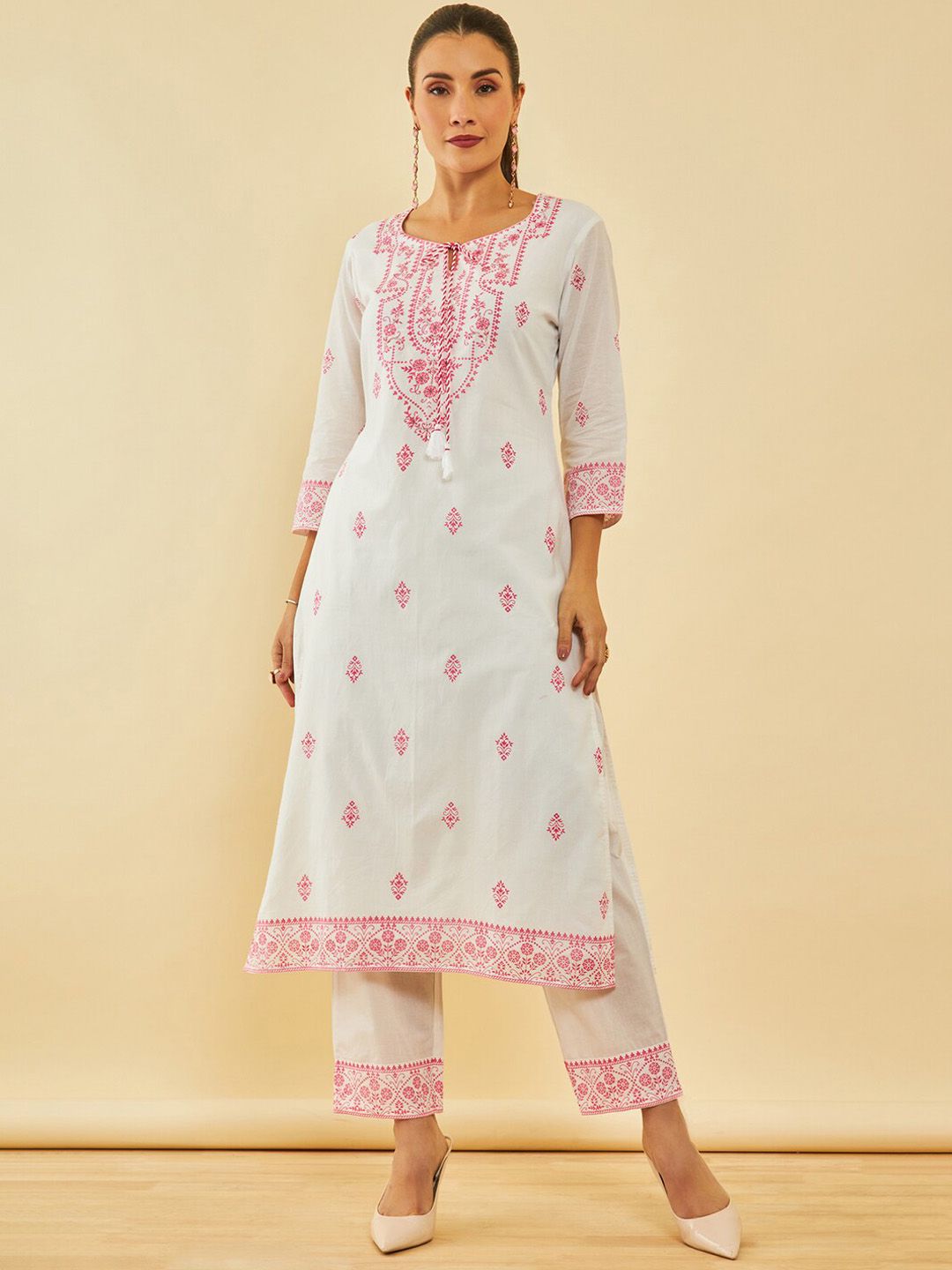 Dhiyona SO Women's White & Pink Floral Printed Pure Cotton Straight Kurta With Trousers & Dupatta