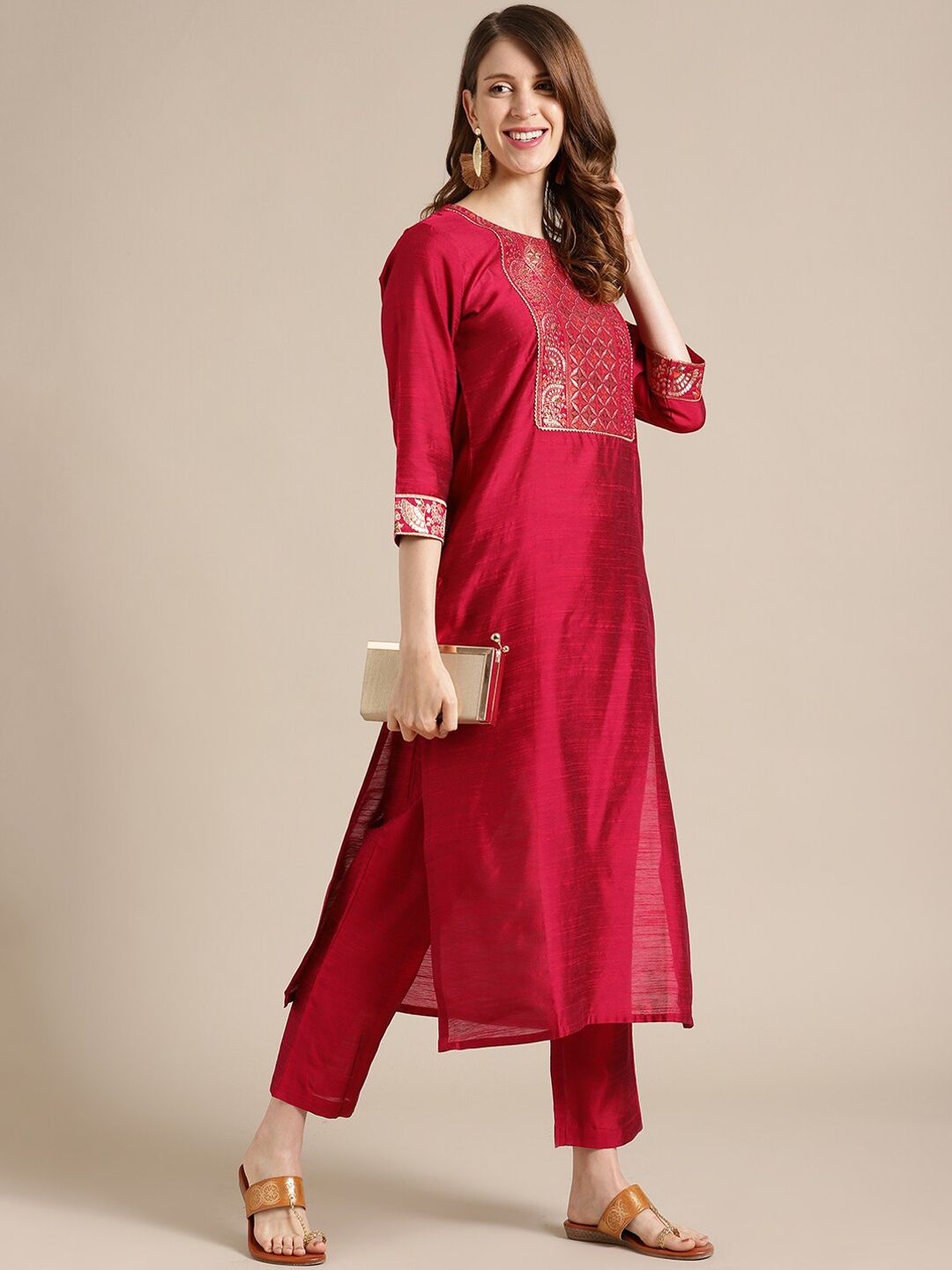 Dhiyona VA Women's Red Ethnic Motifs Yoke Design Kurta with Palazzos