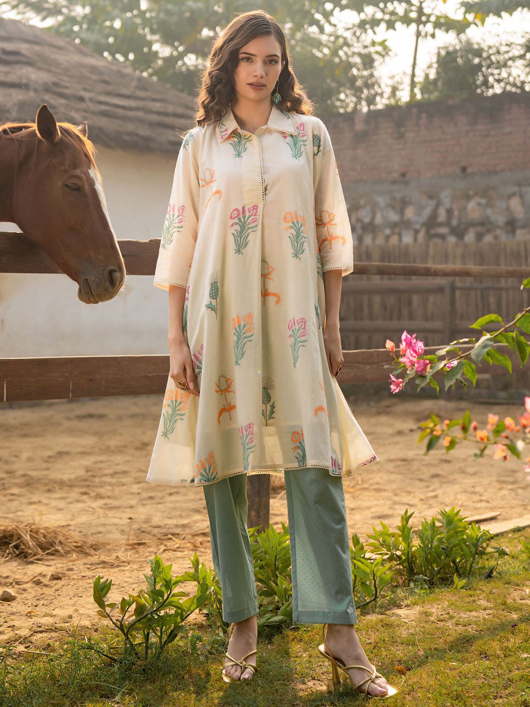 Dhiyona IE Floral Printed Shirt Collar Pure Cotton A-Line Kurta With Trouser